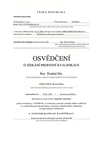 Osvědčení o profesní kvalifikaci - elektromontér fotovoltaických systémů