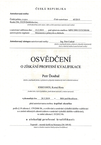 Osvědčení o profesní kvalifikaci - topenář/montér kotle na biomasu