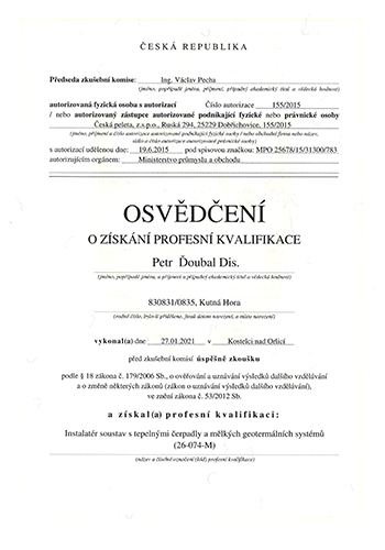 Osvědčení o profesní kvalifikaci - tepelná čerpadla