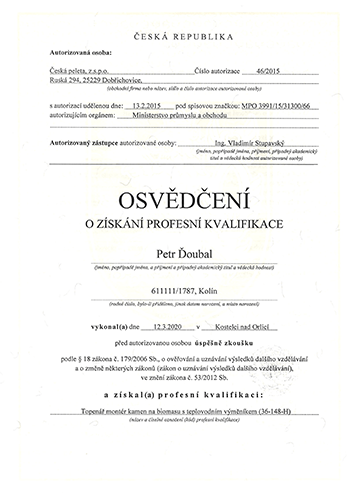 Osvědčení o profesní kvalifikaci - topenář/montér kotle na biomasu
