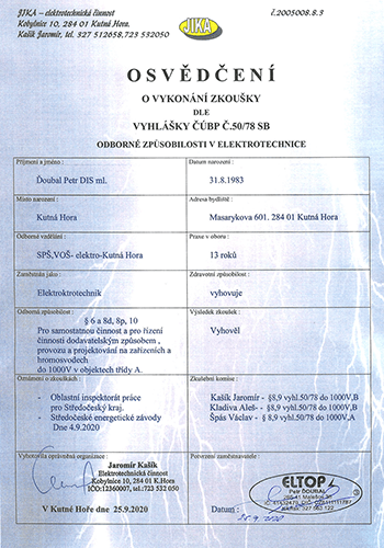 Osvědčení dle vyhl.ČUBP 50/78Sb. 
